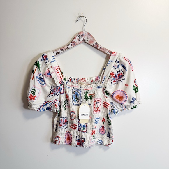 Monteau Los Angeles Tops - NEW MONTEAU Los Angeles Tropical Linen Blend Smocked Top Sqaure Neck Medium